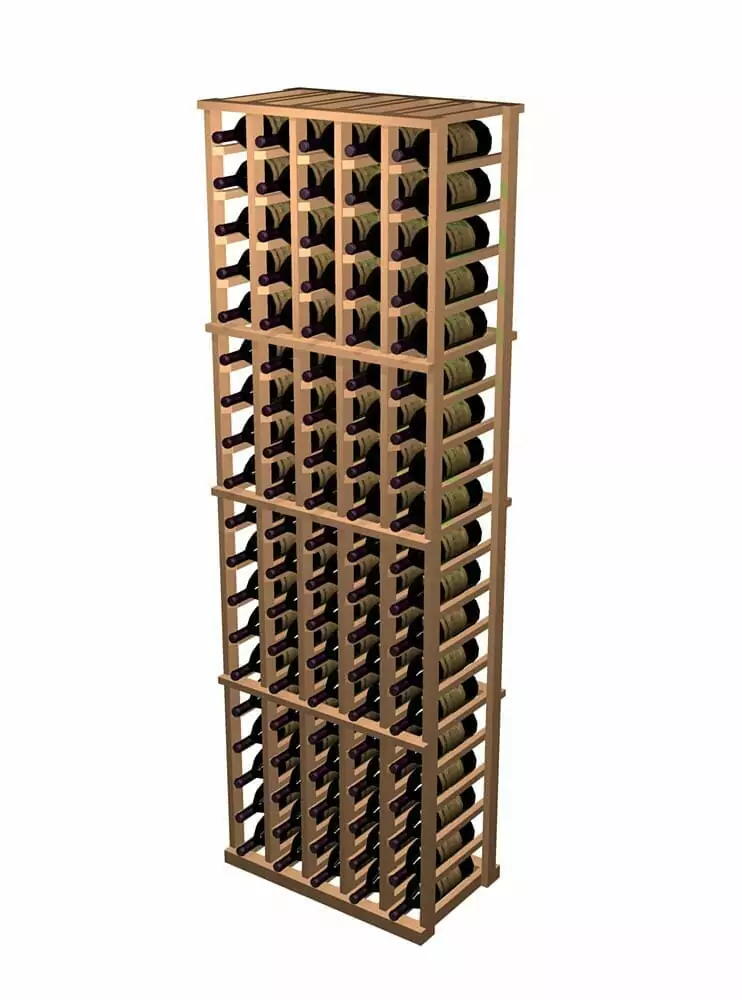 A wine rack made from Designer Kits with 5 columns, made of All Heart Redwood, capable of storing a lot of bottles.