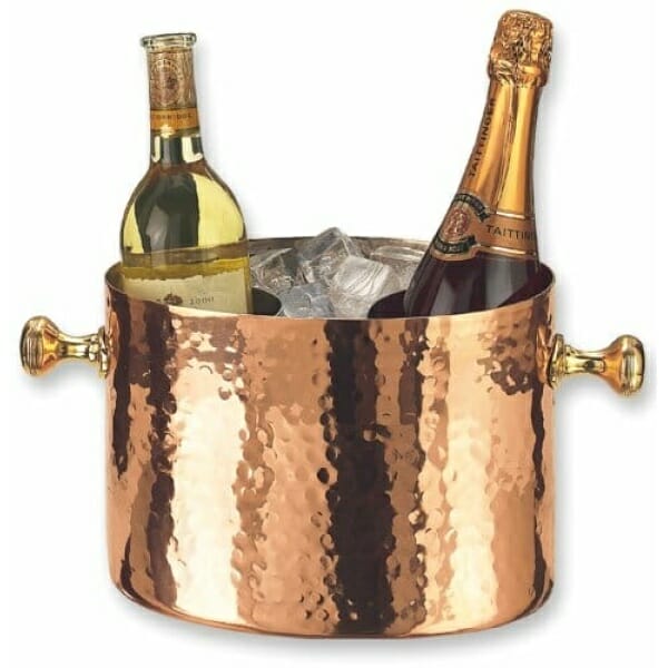 Old Dutch Copper Wine/Champagne Cooler Double Bottle with two bottles of wine.
