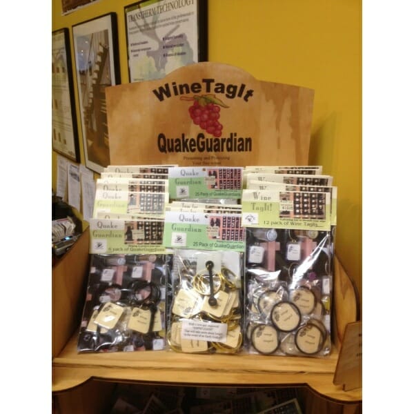 A wine shop showcasing Quake Guardian merchandise.