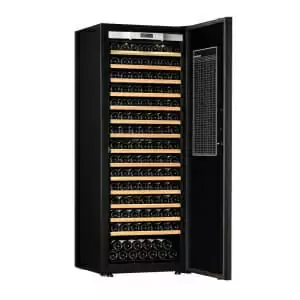 Transtherm Ermitage Prestige black solid unit, fully shelved with abundant bottles.