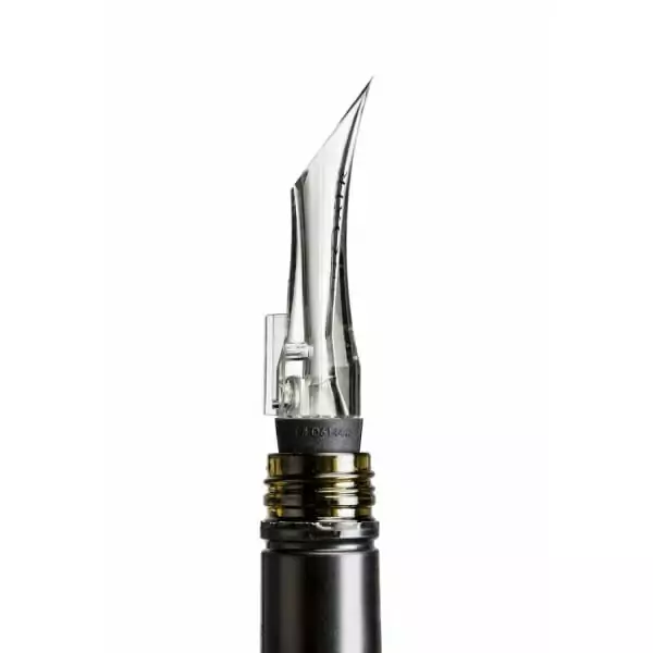A close up of a VinOair Wine Aerator featuring a bottle opener.