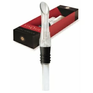VinOair Wine Aerator packaged with a bottle of wine.