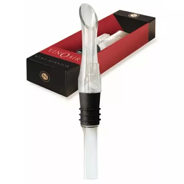 VinOair Wine Aerator packaged with a bottle of wine.