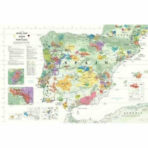 A detailed map showcasing Spain's extensive wine regions as well as the renowned winemaking areas of Portugal on the Iberian Peninsula.
