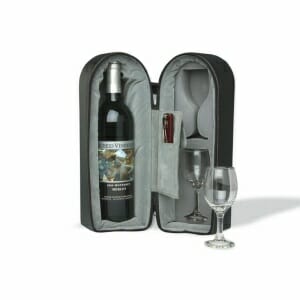 A portable wine and glass holder in a sleek black case.