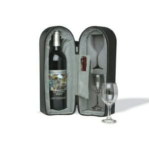 A portable black case for carrying a Travel Wine and Glass Holder.