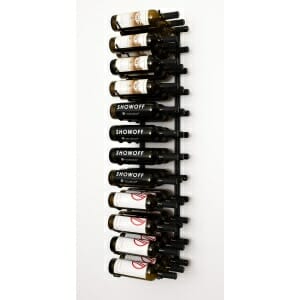 Vintage View W Series 4′ Wall Mounted Metal Wine Rack displaying bottles.