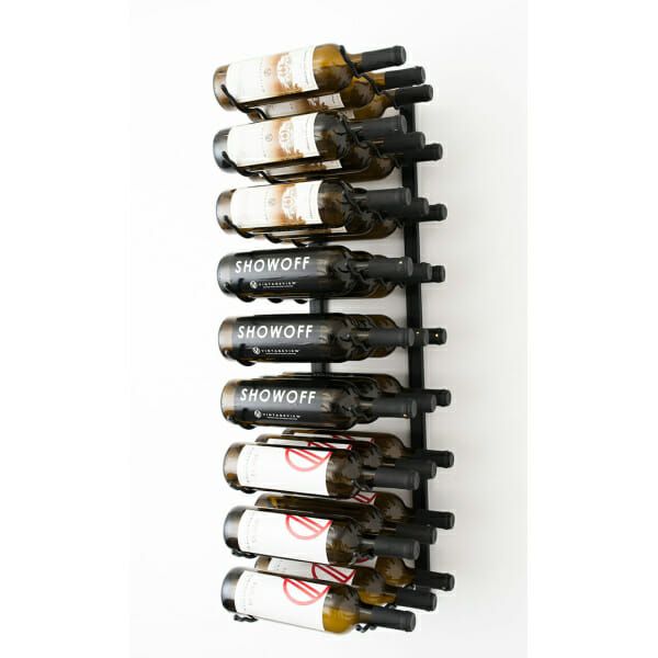 A Wall Mounted Metal Wine Rack that can hold 27 bottles of wine.