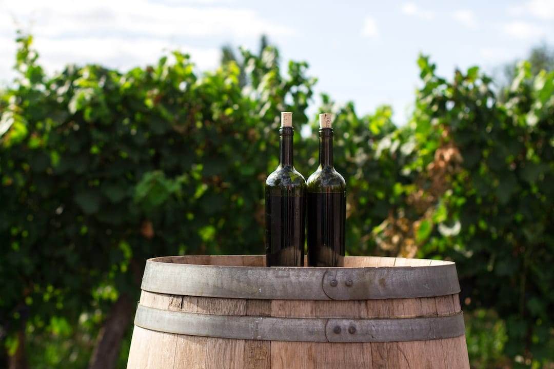 Two wine bottles sitting on top of a wooden barrel.