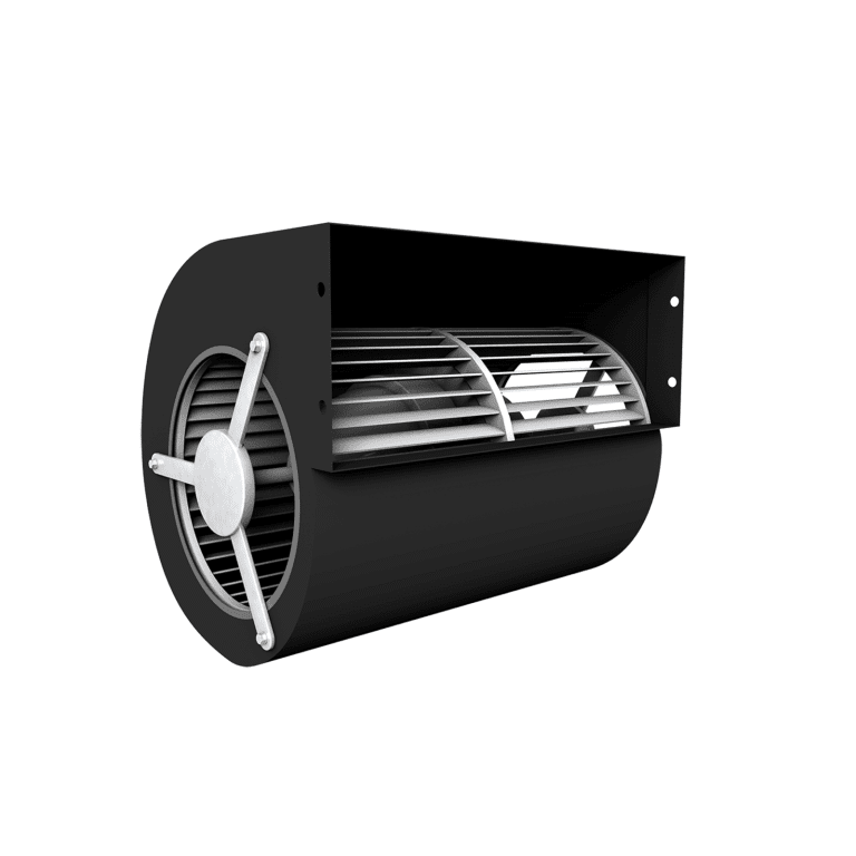 A black cylindrical ventilation fan with a metal grille cover, featuring a central motor and blade assembly inside.