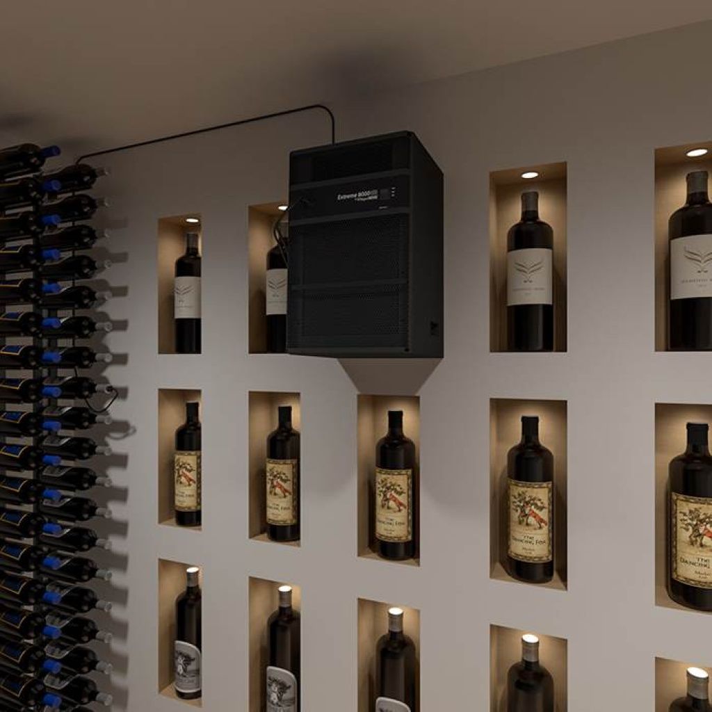 A wall-mounted wine rack with illuminated shelves holds various wine bottles. A black cooling unit is installed on the wall above the display.