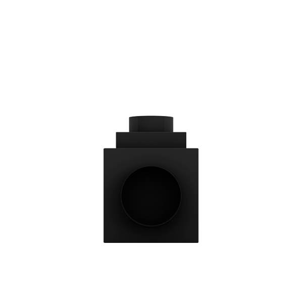 A black, minimalist perfume bottle with a square base and cylindrical cap, resembling the sleek design of a Whisperkool 8000, is viewed from the front against a white background.