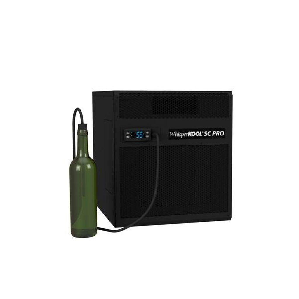 A WhisperKOOL SC PRO cooling unit is displayed next to a green wine bottle. The unit features a digital temperature display reading 55 degrees Fahrenheit.