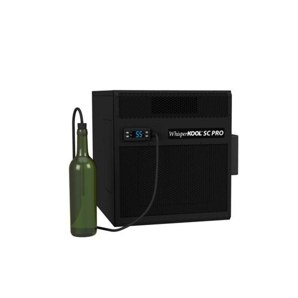 A WhisperKOOL SC PRO cooling unit with digital display shows 55°F, connected to a green wine bottle with a tube.