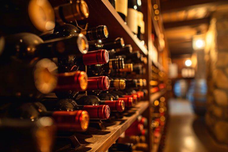 Rows of red wine bottles on wooden racks in a custom wine cellar, focusing on one bottle with blurred background.