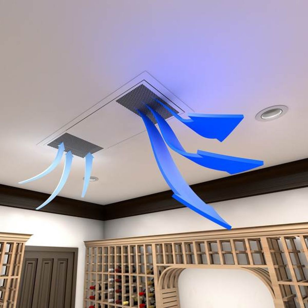 Ceiling vent emitting blue and white air streams in a room with shelves and a small door.