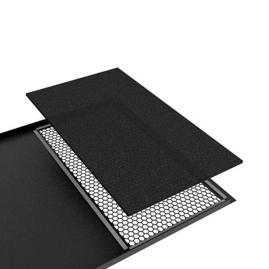 A black foam panel and a perforated metal sheet are displayed, with the metal sheet partially underneath the foam panel.