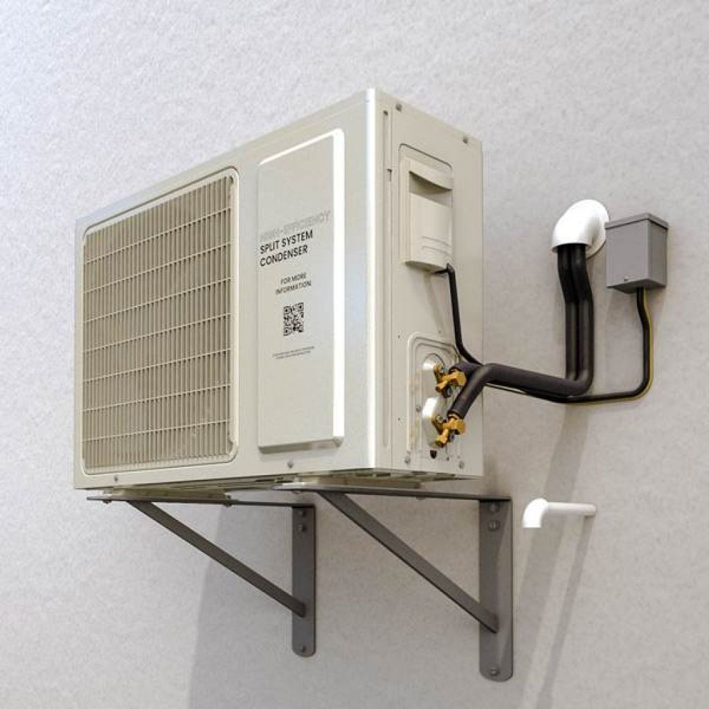 Outdoor unit of a split system air conditioner mounted on a wall with visible wiring and pipes connected.