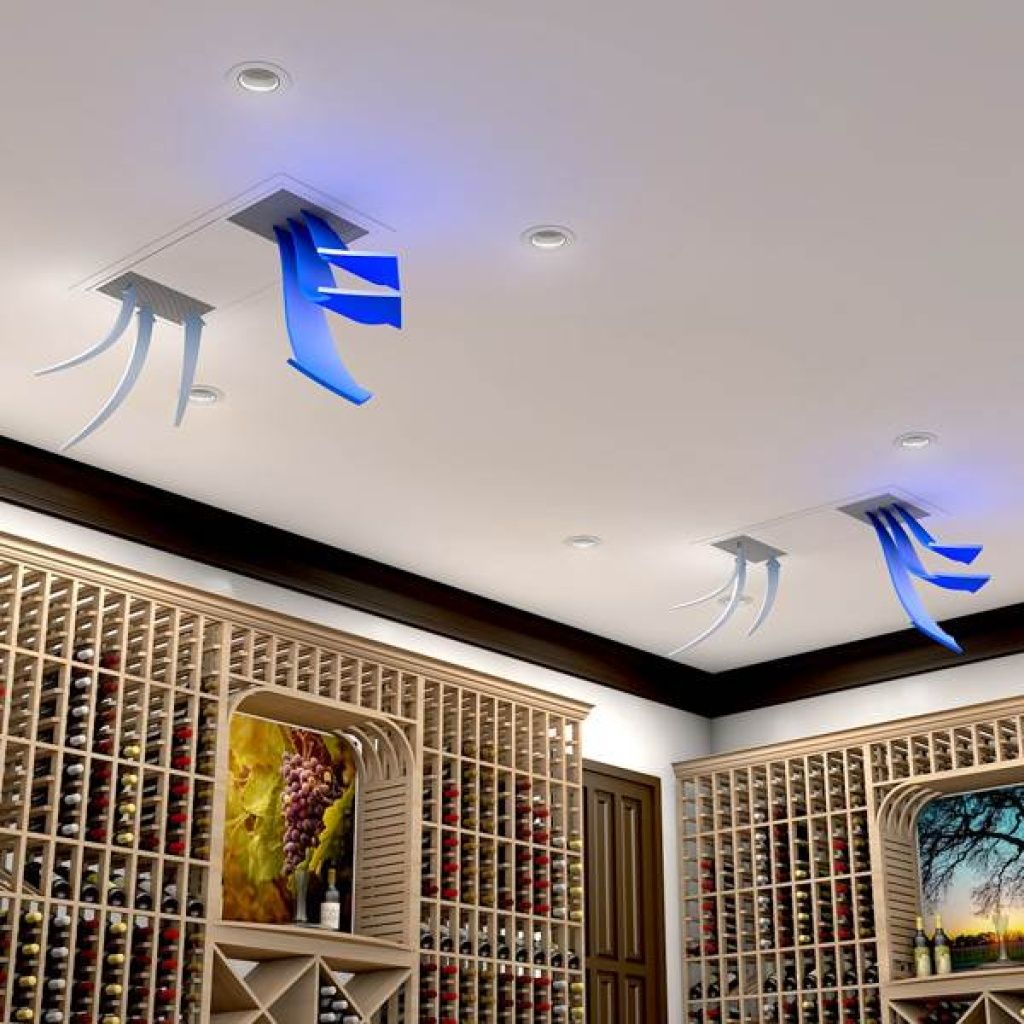 A modern wine cellar with wooden racks filled with wine bottles, and unique blue and white ceiling light fixtures.