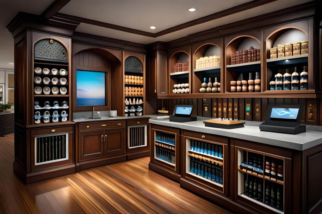 Luxurious wooden wine cellar with a sink, built-in wine refrigerator, shelves holding wine bottles, round containers, and books, and two digital screens on the counter. A window displays a serene ocean view.