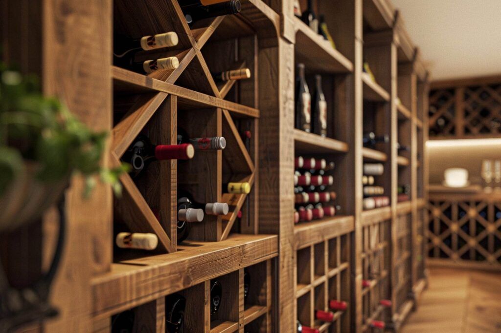 A wooden wine rack, tilted slightly for optimal storage, houses various bottles of wine arranged horizontally within a well-lit cellar.