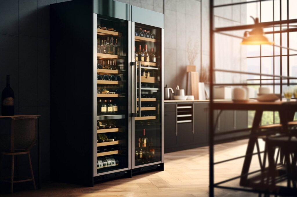 A modern kitchen features a sleek double-door wine cooler, the perfect addition to small spaces. Filled with various wine bottles, it complements the room's warm lighting and stylish furnishings, including countertops, shelves, and kitchenware. This sophisticated setup blends functionality with elegance.