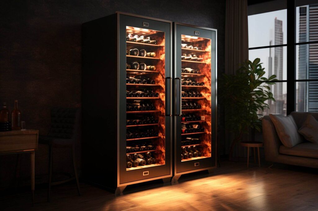 A modern indoor setting features two glass-front wine coolers filled with bottles, illuminated by a warm light. Organize your wine refrigerator beside the cozy chair, table, and potted plant for easy access while you savor the cityscape visible outside.