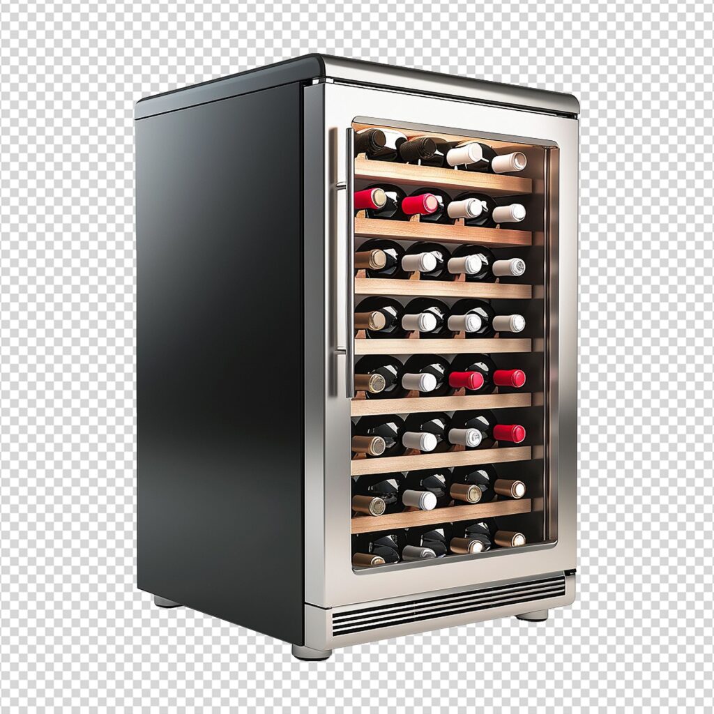 A stainless steel wine refrigerator with a glass front door, displaying several rows of wine bottles arranged horizontally, showcases the perfect blend of design and functionality.