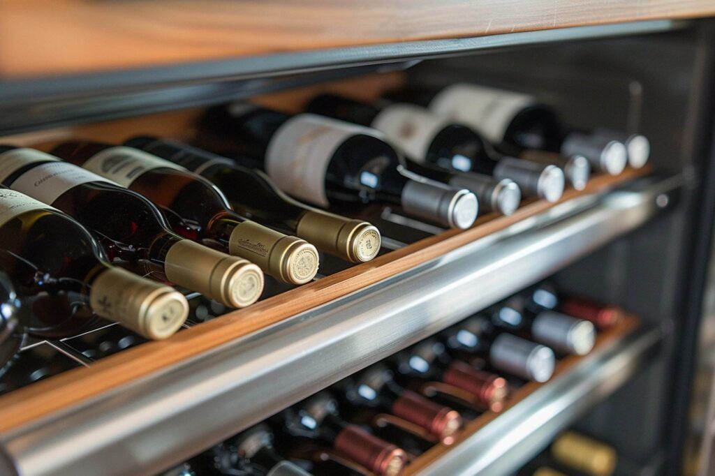 Bottles of wine are stored on wooden shelves within a sleek dual-zone wine refrigerator, with rows of various wine bottles visible.