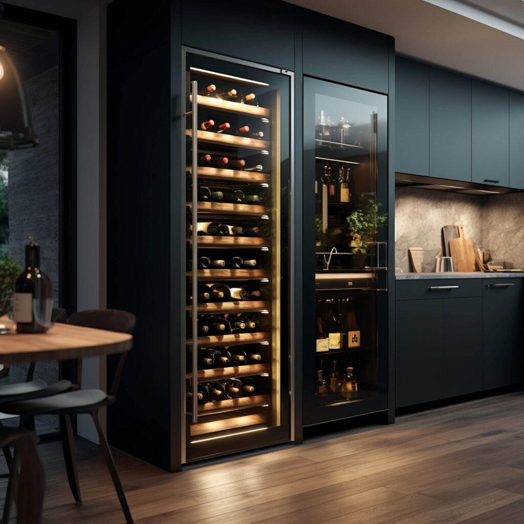 A modern kitchen with a built-in, tall dual-zone wine refrigerator filled with wine bottles beside a glass door pantry cabinet. The dark cabinetry contrasts with the wooden floor and illuminated countertop.