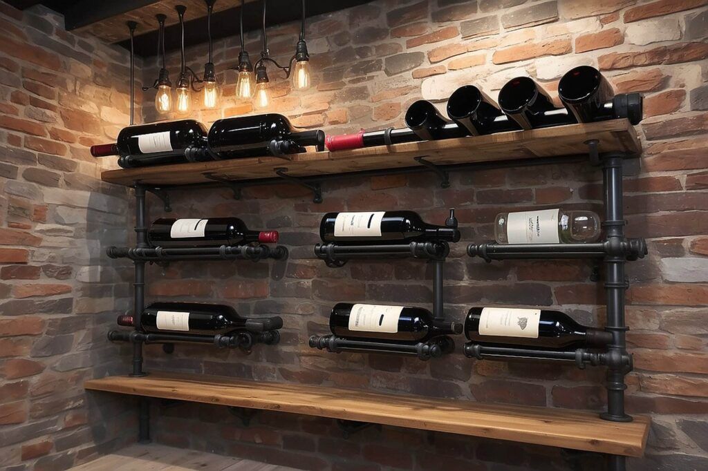 A wine rack made of metal pipes and wooden shelves holds several wine bottles, perfectly complementing the exposed brick wall with overhead filament light bulbs, creating a sophisticated wine cellar ambiance.