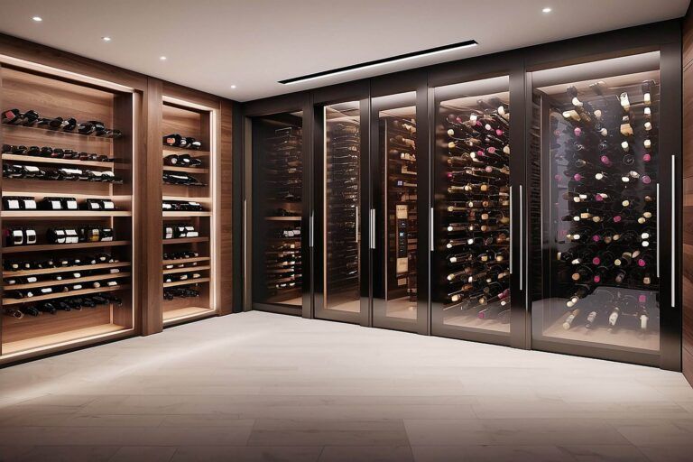 A modern wine cellar with wooden shelves and glass doors, displaying an assortment of wine bottles neatly organized, is complemented by sleek wine refrigerators perfect for small spaces.