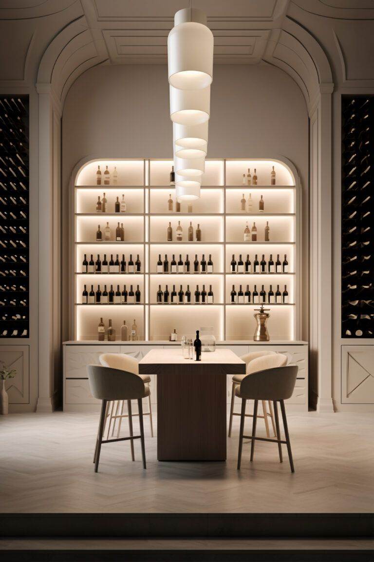 Elegant wine tasting room featuring a wooden table, two chairs, and climate-controlled backlit shelves filled with various wine bottles, under a series of modern cylindrical lights.