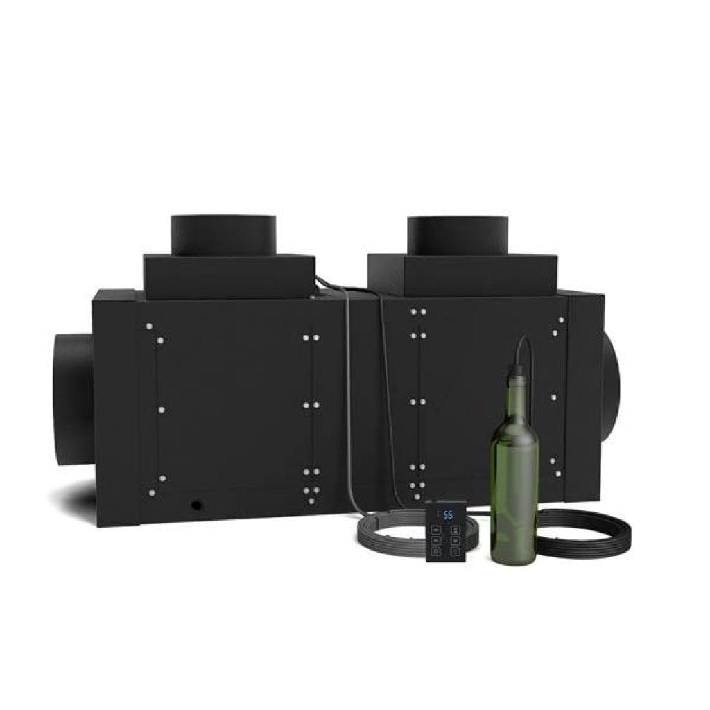 Two black rectangular devices with cylindrical vents are shown, accompanied by a control panel, a wine bottle, and a coiled cable.