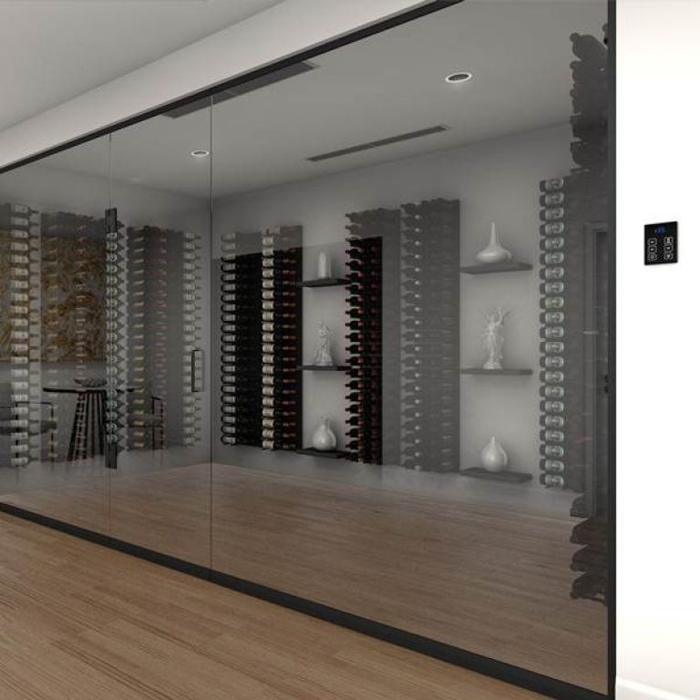 A modern wine cellar with glass walls, wine racks filled with bottles on both sides, and sculptures displayed on minimalist shelves.