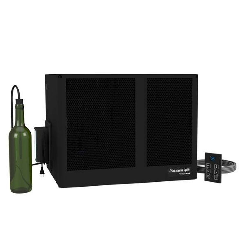 A black wine cooler unit with a digital control panel, a green wine bottle, and attached wires, labeled "Platinum Split".