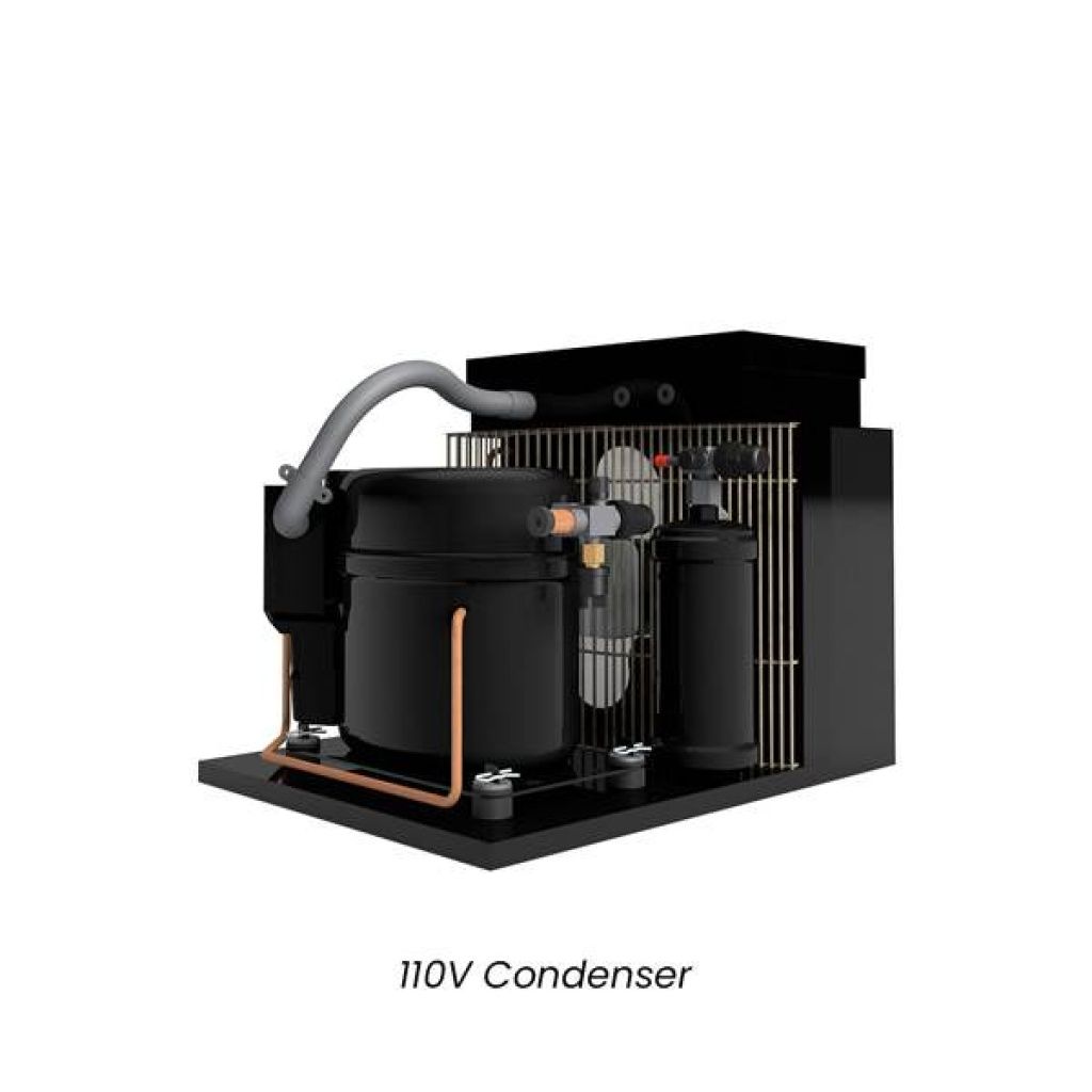 Image of a 110V condenser unit featuring cylindrical components, attached pipes, and a cooling fan system.