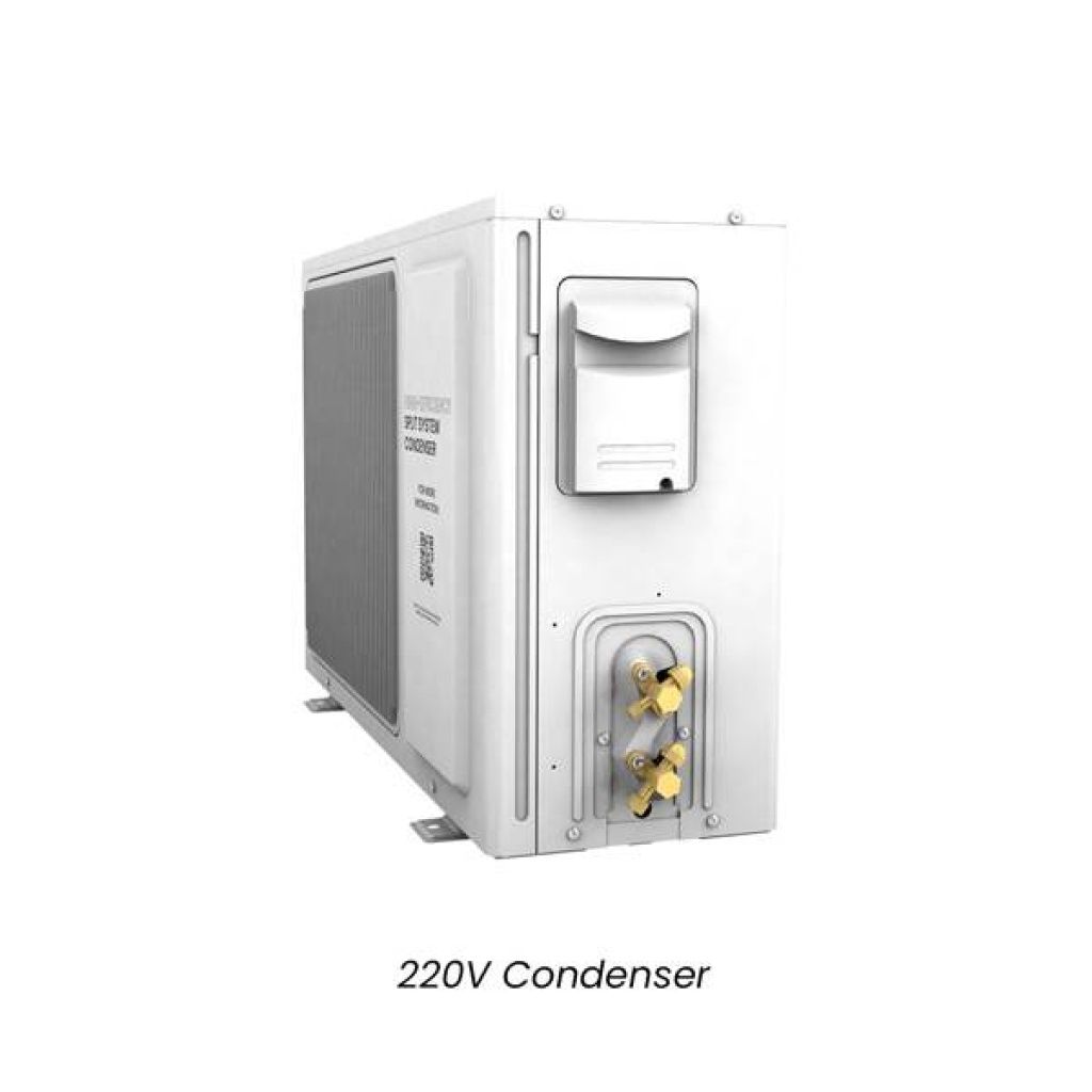 A 220V condenser unit with visible vents, utility connections, and control panel. The unit is white and is labeled with "220V Condenser" at the bottom.