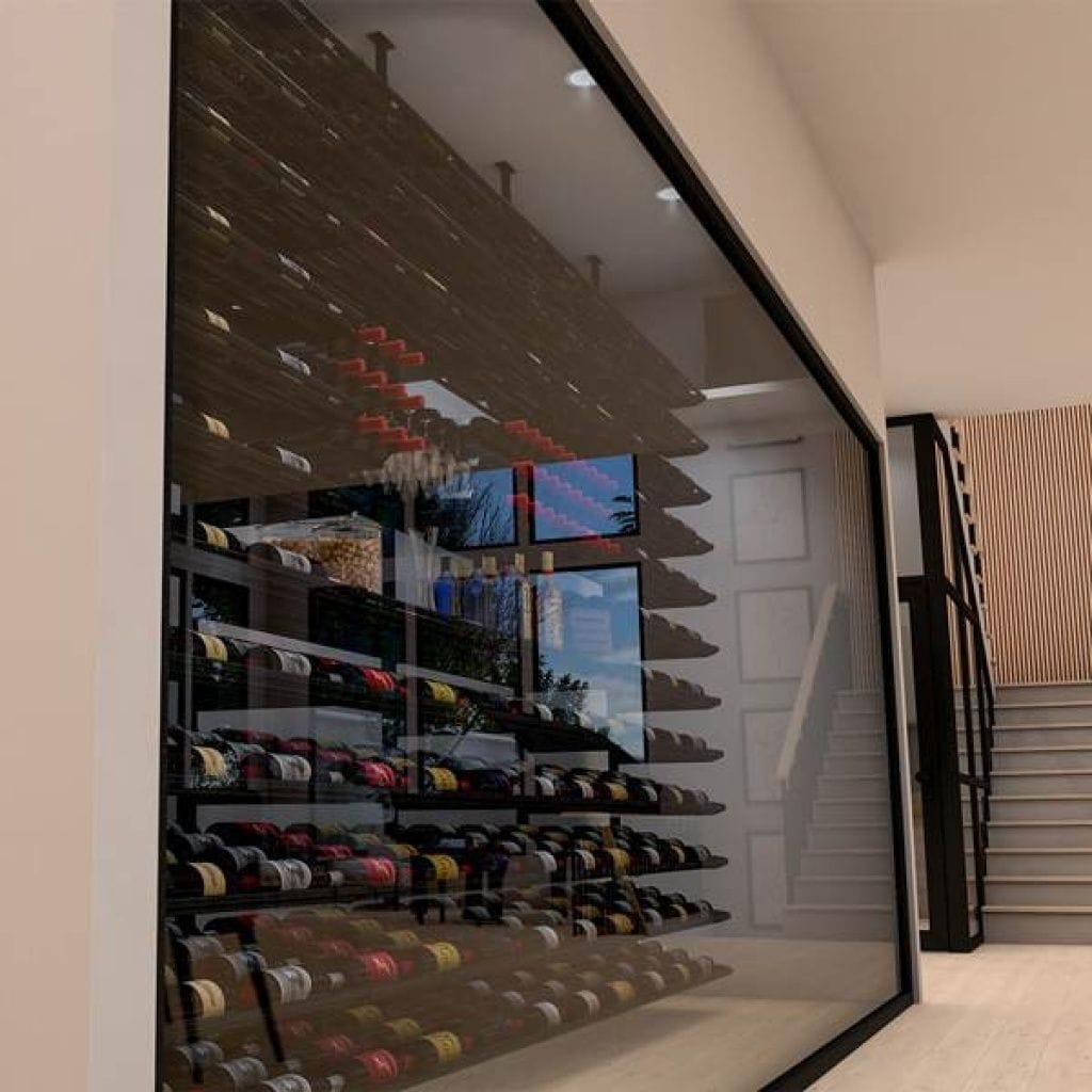 A temperature-controlled wine cellar behind a glass wall is filled with horizontally stored wine bottles. Stairs are visible to the right.