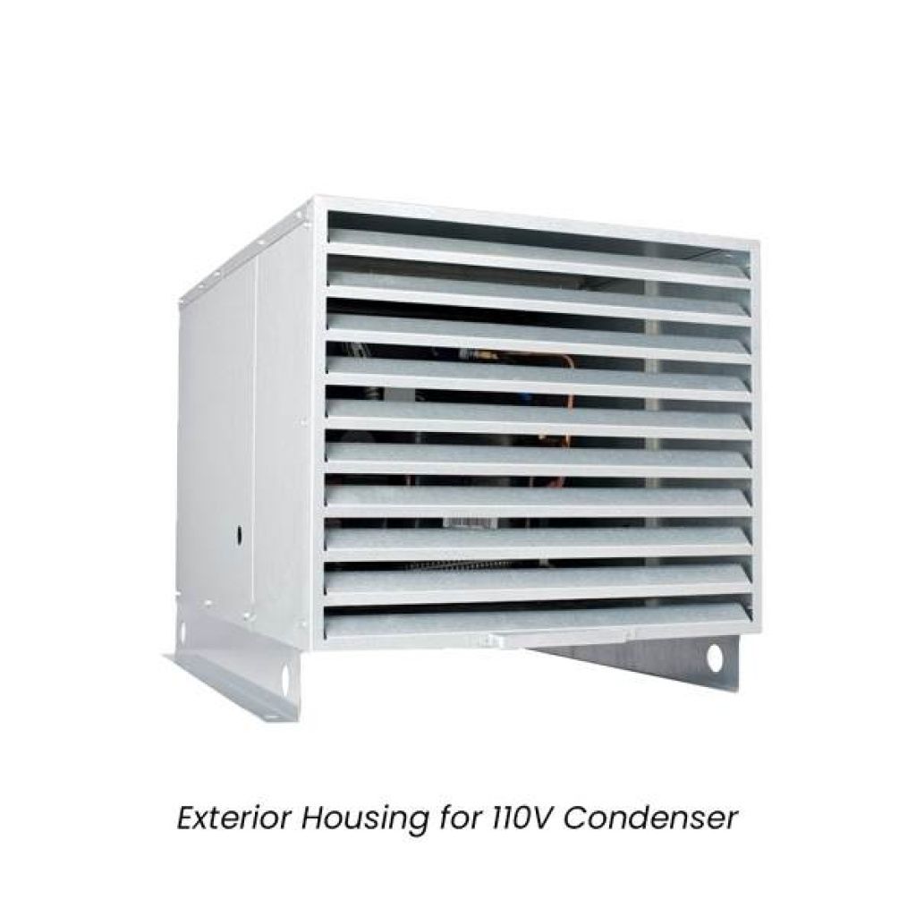 Metallic exterior housing unit for a 110V condenser, featuring a vented grille for air flow.