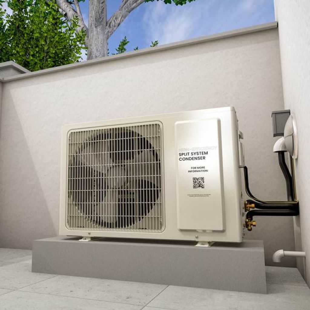 A split system condenser unit is installed outdoors on a concrete platform near a building, with several pipes connected and labeled instructions on the unit.