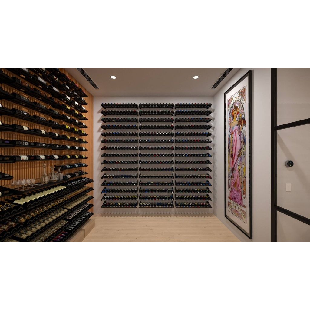 A modern wine cellar with rows of wine bottles on wooden and metal racks. A large decorative painting is on the right wall, and the room has a light wooden floor.