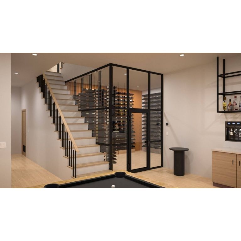 Modern indoor wine cellar with glass walls and wooden shelves, adjacent to a staircase. The room also features a pool table in the foreground and a small bar area on the right.