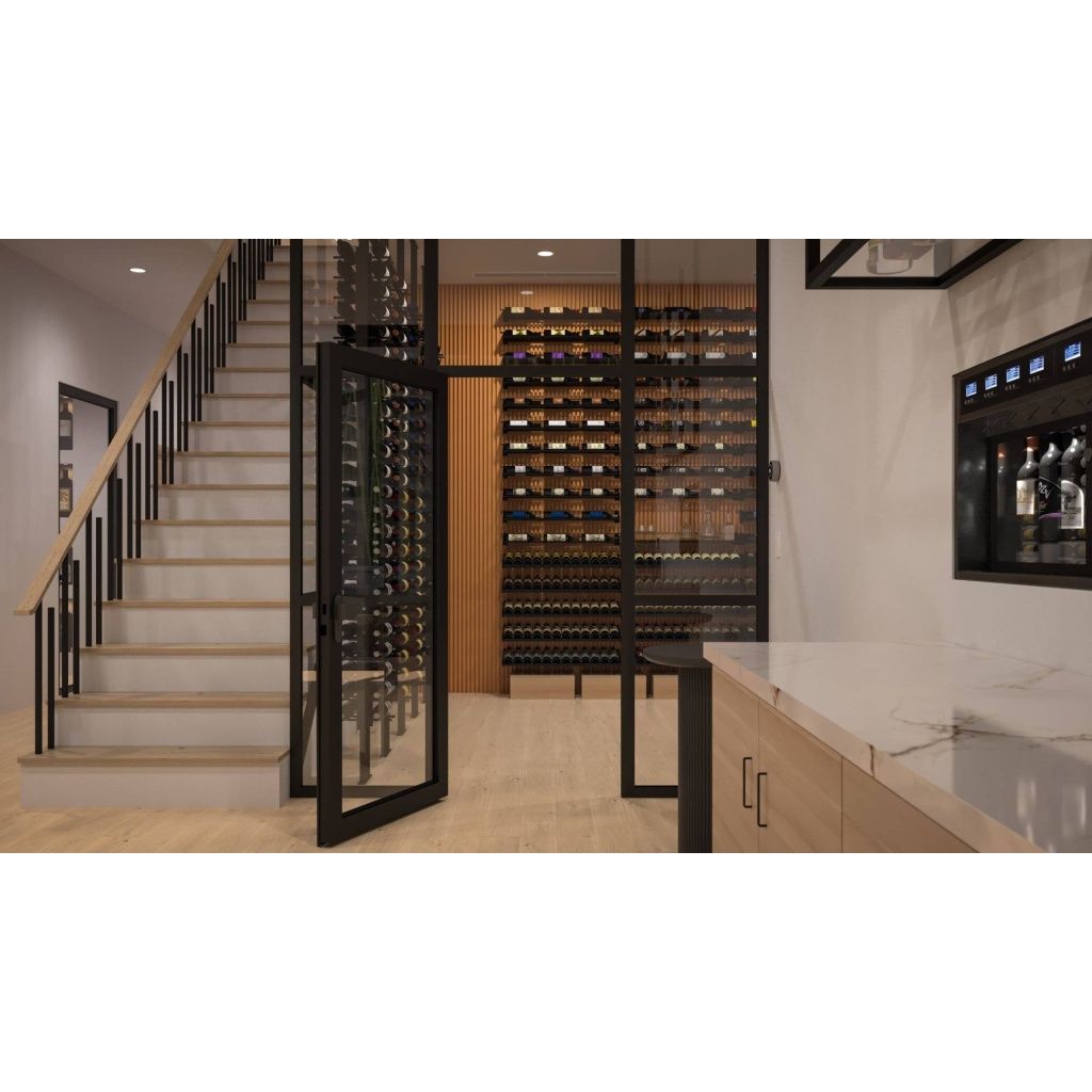 A modern wine cellar with floor-to-ceiling racks of wine bottles, glass doors, and a staircase leading to the upper level.