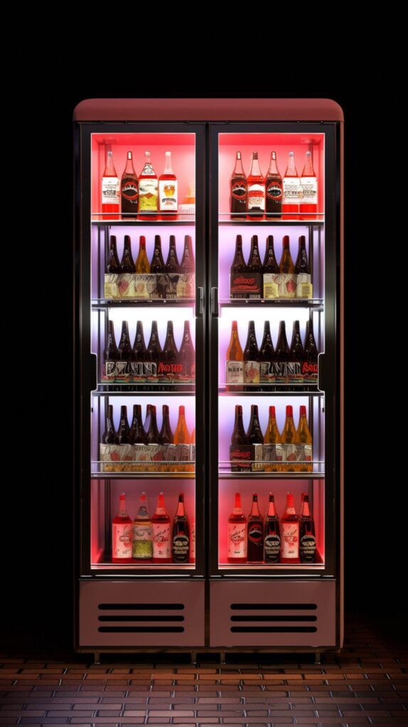 A commercial wine refrigerator displays an assortment of bottled alcoholic beverages, organized on multiple shelves with a red backlight.