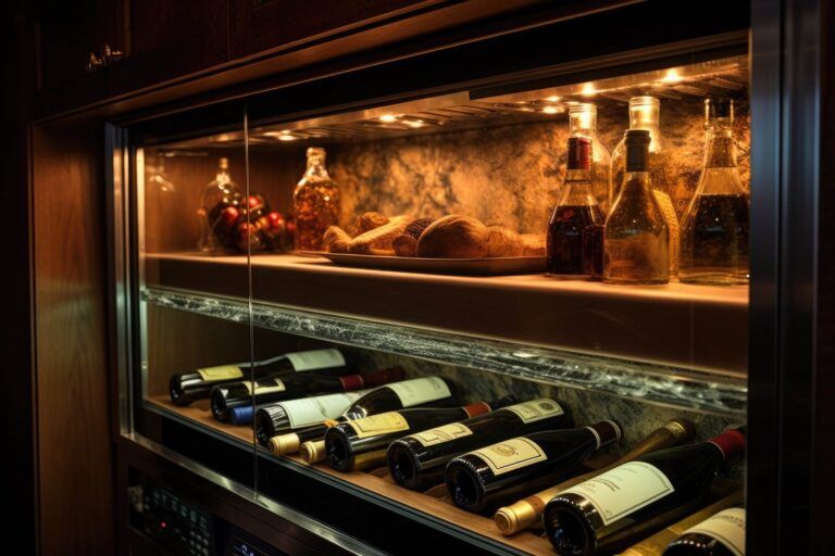 A single-zone wine refrigerator with glass doors displays several bottles of wine on the bottom shelves and bottles of oil along with a bundle of bread on the top shelf, all illuminated under warm lighting.