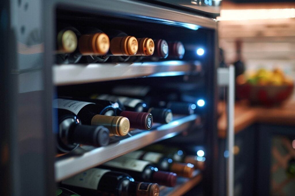 A wine refrigerator with multiple shelves holds an assortment of bottles in a stylish kitchen setting, offering the perfect blend of convenience and elegance.