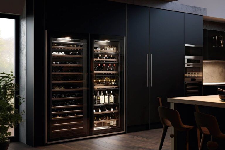 A modern kitchen features a large glass-door wine fridge filled with bottles of wine and shelves, with dim lighting highlighting the contents. For those looking for wine storage tips, this elegant space shows how to organize a wine refrigerator efficiently.