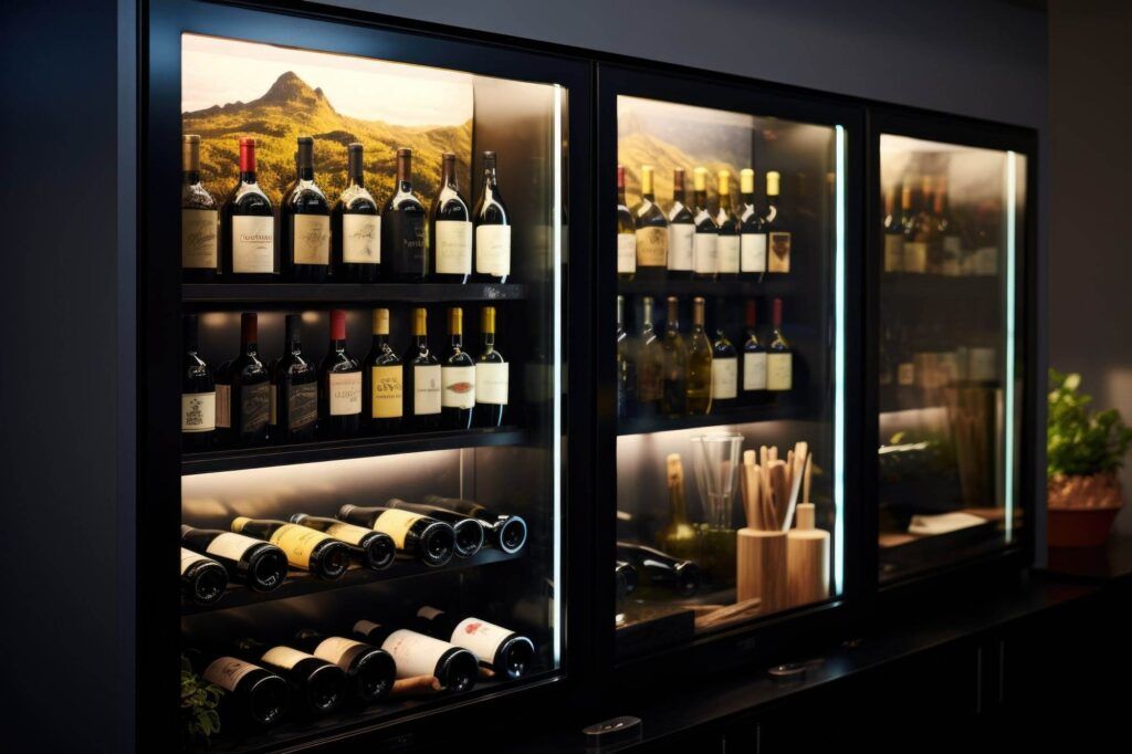 A well-lit wine fridge with glass doors displays rows of various wine bottles, both standing and lying down, showcasing excellent wine storage tips. The minimalistic backdrop highlights the bottles, while items are neatly stored on the right side.