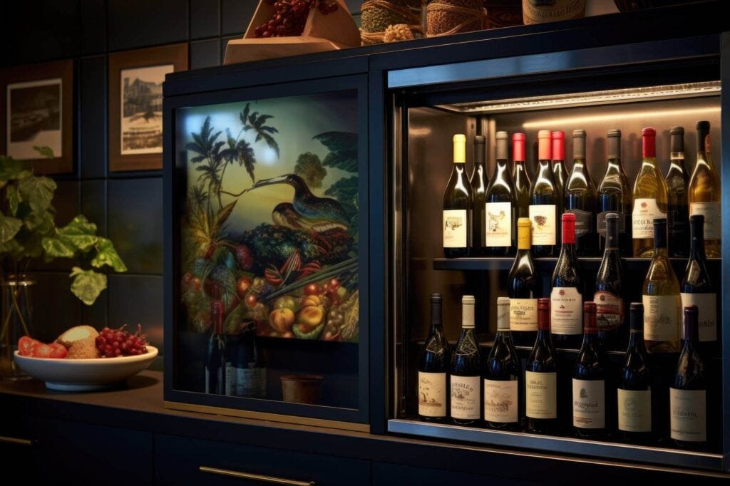 A wine refrigerator filled with assorted wine bottles, perfect for those looking to organize their wine refrigerator, sits beside a bowl of fruit on a counter. An illuminated tropical-themed painting is displayed next to the refrigerator.